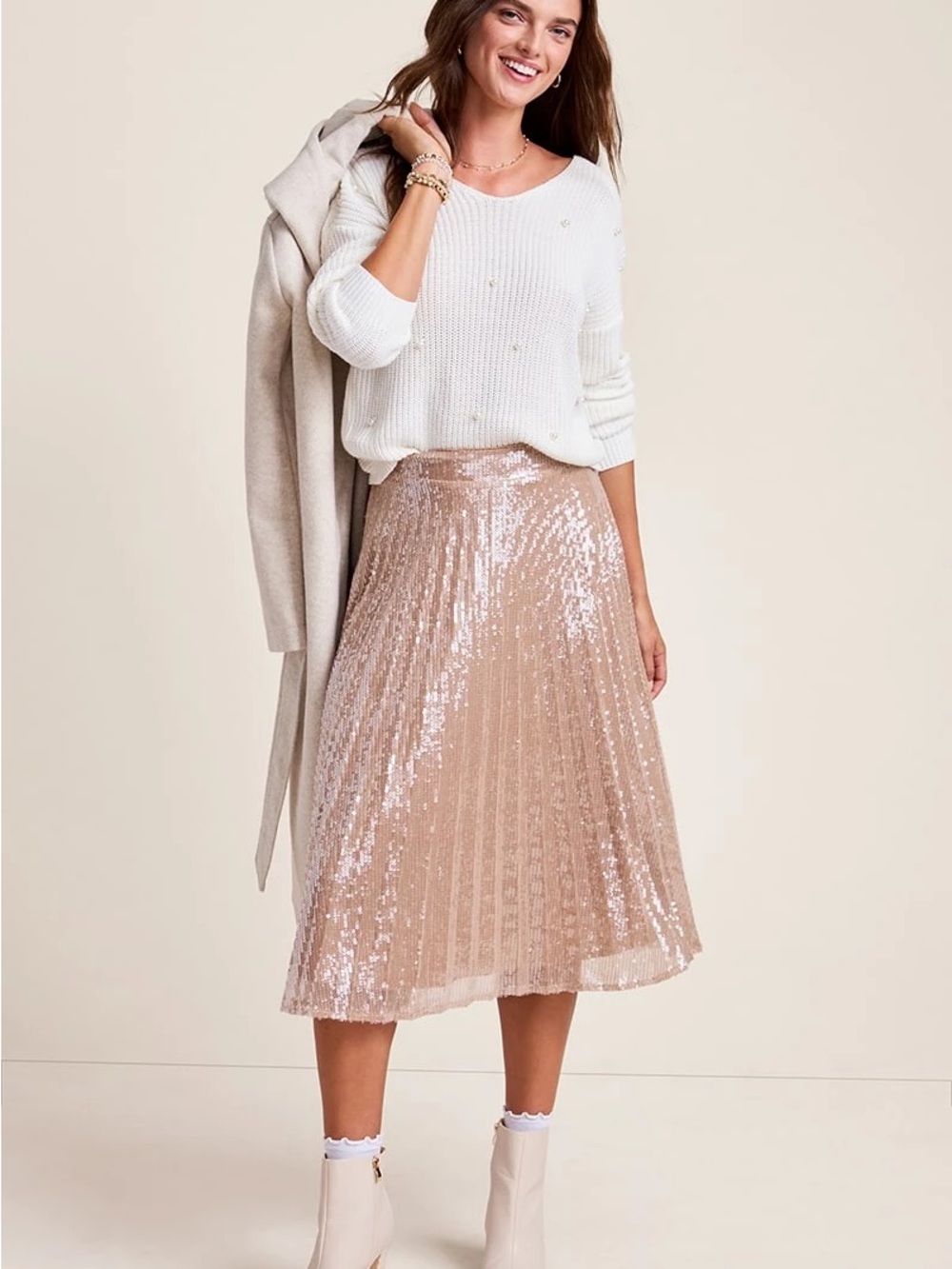 Francesca’s Stella Pleated Sequin Midi Skirt med.